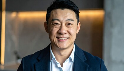 Smiling Asian Businessman in a Modern Office Setting.