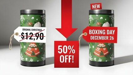 Boxing Day Deal: An eye-catching advertisement showcases a special Boxing Day sale, offering a generous 50% discount on a festive product with the sale price.