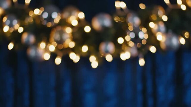 Blurred festive string lights on dark blue background decorative design