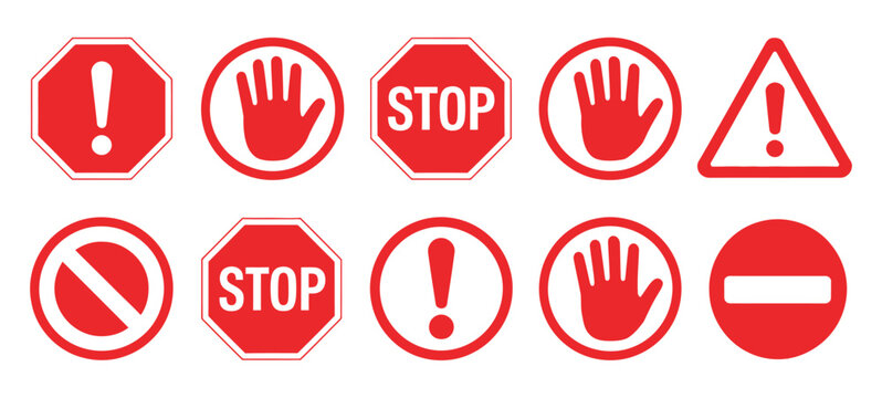 Set of Stop Street Icon Collection, a vector pack featuring red stop signs, hand stop symbols, and text-based stop road signs for traffic, safety, and urban design