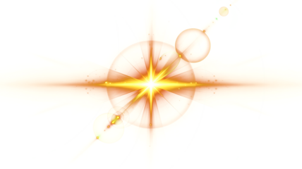 Png Bright orange-yellow star light effect, warm abstract lens flare with bokeh and rays, glowing optical flash element on light background.
