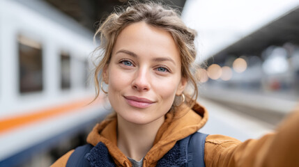 Young woman enjoying bank holiday at train station with joyful expression: perfect for travel and adventure themes