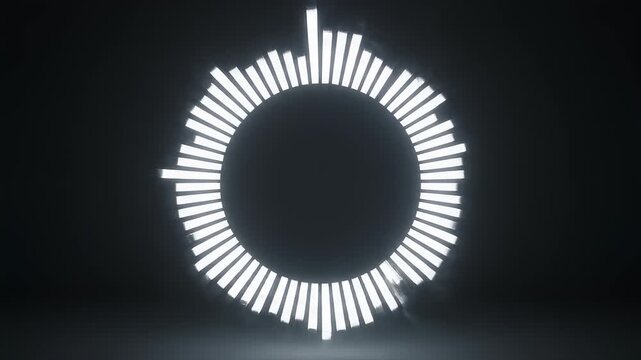 Circular Audio Equalizer Pulsing White Bars on Black Background
