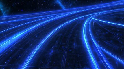 Vibrant blue abstract background with dynamic intersecting lines and shimmering starry patterns.