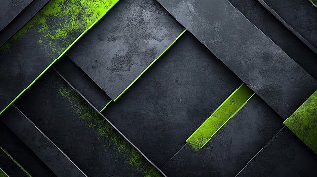 Dark gray and green abstract background with diagonal lines, geometric shapes, grungy textures, lime & neon green tones, copy space, ideal for tech/gaming themes, architectural presentations