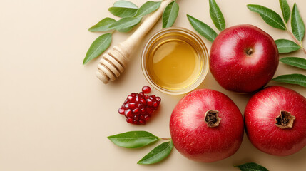 Rosh hashanah celebration: apples, honey, and pomegranate flat lay for festive decor