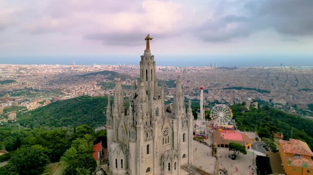 Temple of the Sacred Heart, a basilica in Barcelona on Mount Tibidabo, Spain - aerial drone view , Templo Sagrado Coraz&oacute;n de Jes&uacute;s