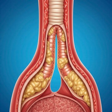 human bronchial tubes showing extreme narrowing, surrounding inflammation, and thick, trapped mucus, symbolizing severe Asthma,