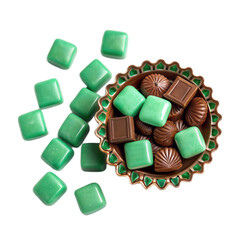 Delicious green candies and assorted mint chocolates arranged beautifully on decorative plate with transparent background