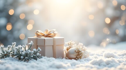 A beautifully wrapped Christmas gift box with shimmering gold ribbon rests on a snow-covered wooden bench in a magical forest. Snowflakes gently fall around it, and faint glowing lights flicker inside