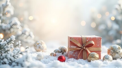A beautifully wrapped Christmas gift box with shimmering gold ribbon rests on a snow-covered wooden bench in a magical forest. Snowflakes gently fall around it, and faint glowing lights flicker inside