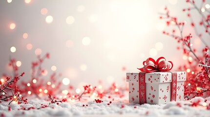 A vibrant red Christmas gift box with a velvet bow is nestled in a snowbank on a quiet winter night. Tiny footprints and a trail of sparkles lead up to it, suggesting Santa himself left it behind 