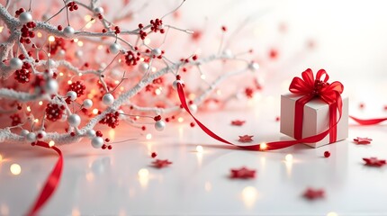 white colour beautiful gift box with red ribbon and small lights white background design
