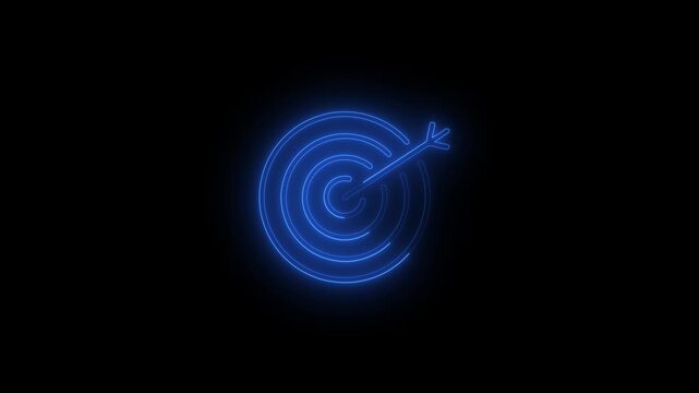 Glowing neon target icon animation. Glowing neon line Medieval bow and arrow icon on black background. 4k video
