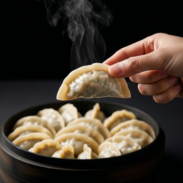 hand holding mandu 만두 (Korean dumplings) with a mix of pork and vegetable fillings, arranged on a black bamboo steamer against a black background.