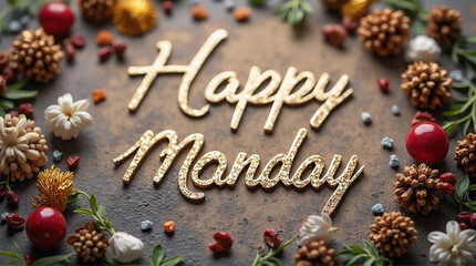 A delicate floral frame with frosty winter flowers and icy accents, surrounding a cheerful "Happy Monday" message, evoking a fresh start and blooming hope for the new year.