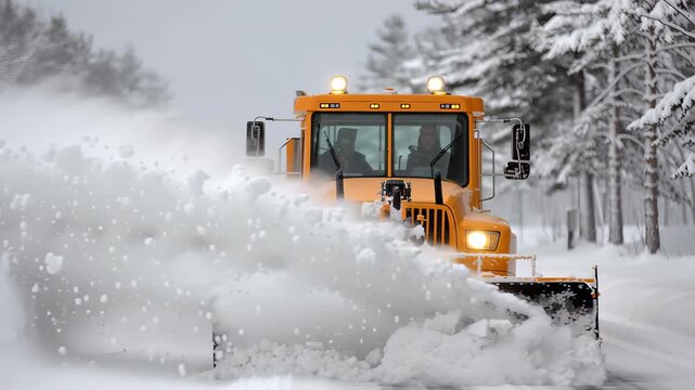Snow plow clears heavy snowfall from road, showcasing powerful machinery in action, with dynamic camera movement capturing the scene