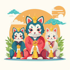 Japanese Lucky Cats Adorable Feline Deities in Traditional Asian Robes Good Fortune Symbol.