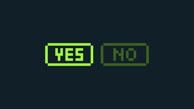 8-bit pixel art neon futuristic cyber green yes or no selection buttons. looped animation 4k 30fps