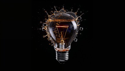 Glowing light bulb with a dynamic liquid splash on a black background