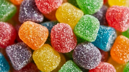 Overhead extreme macro close-up of brightly colored, sugar-coated dome gummy candies creating a full-frame texture