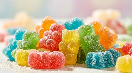 Hyper-Detailed Macro View of Colorful Rainbow Gummy Bears Coated in Sparkling Sugar Crystals