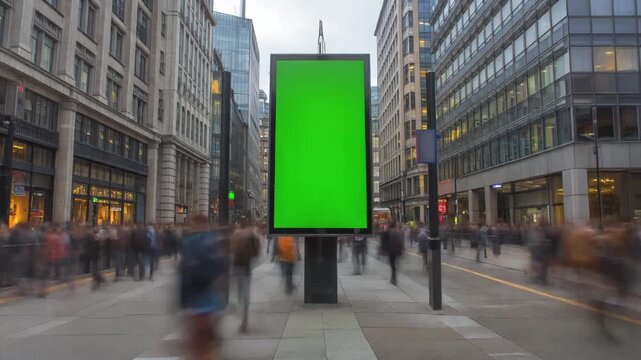 Crowd Walking Past Large Digital Billboards in Busy Urban City Center