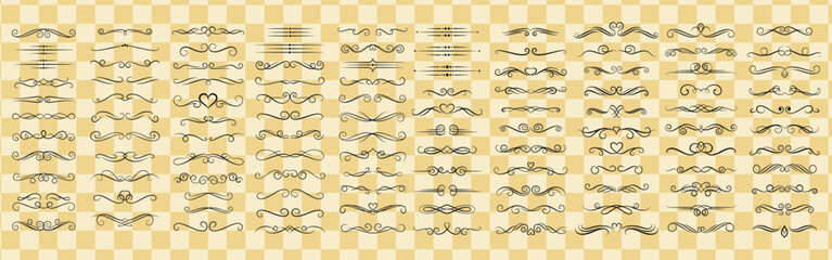 Collection of elegant black vintage scrollwork dividers and flourishes on a beige checkered background pattern