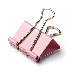 Pink paper clip and binder clip on white background