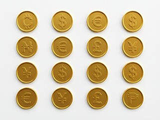 Top-Down 3D Render of Gold Currency Coins Arranged in a Neat Grid Layout on White Background