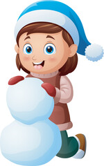 Cartoon little girl in winter clothes with big snowball