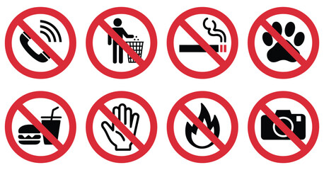 Prohibited Icons Set, a vector collection featuring no cell phone, no litter, no smoking, no pets, no eating or drinking, do not touch, no fire, and no photography symbols for safety and public spaces