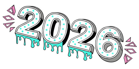 Stunning black marquee style 2026 numerals with vibrant teal dripping paint for a bold celebration design