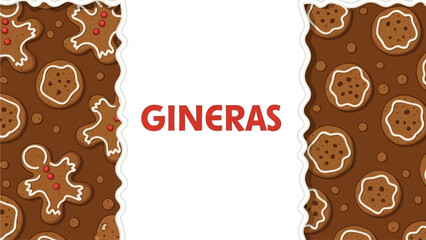 A festive background featuring a central white space with the word GINERAS, flanked by brown patterns of gingerbread men and star cookies decorated with white icing.
