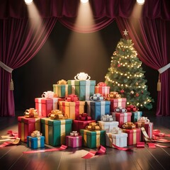 Christmas tree with colorful gifts and festive decorations