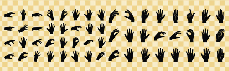 Obraz premium Collection of black silhouette hand gestures and poses displayed on a beige and yellow checkered background pattern