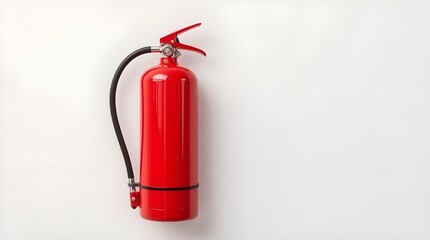 A fire extinguisher is placed against a white wall background. A black hose curves neatly along the side, secured with a red clip and ending in a small metal nozzle.