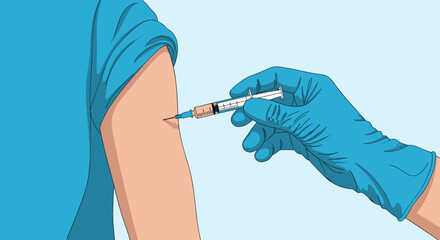 A close-up illustration of a medical professional in blue gloves administering a vaccine injection into a patient's upper arm with a syringe.