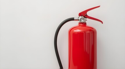 A close-up shot of a red fire extinguisher on a white background. Its cylindrical body is smooth and reflective, showing a slightly glossy surface that catches the light.