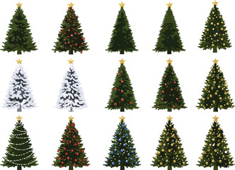 Set of Decorated Christmas Trees with Ornaments, Snow, Stars, Lights, Holiday Elements for Winter Celebration and Festive Vector Illustration