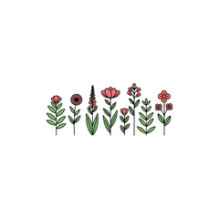A minimalist illustration of various stylized wildflowers with green stems and pink petals on a white background.