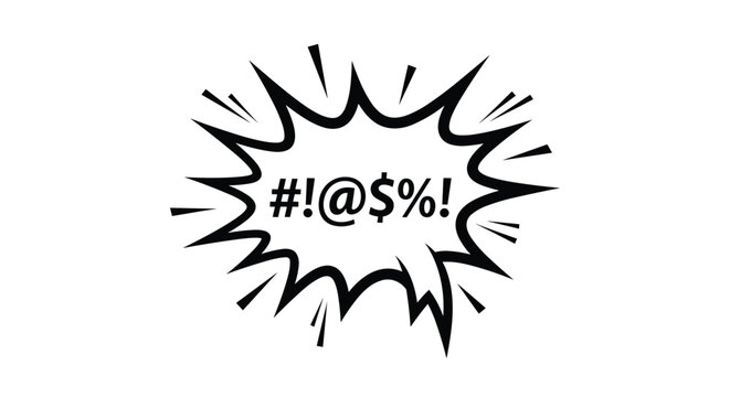A black and white comic book style explosion speech bubble containing grawlix symbols, representing cursing, swearing, anger, or frustration.