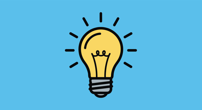 A bright yellow cartoon light bulb is shining with radiating lines against a solid blue background, symbolizing a great idea and creativity.