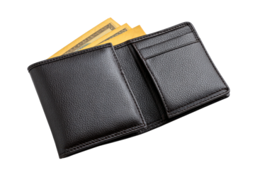 Open black leather wallet with U S dollar bills on black background money cash, Png, Isolated on Transparent Background, Cut Out