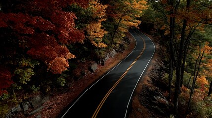 Fototapeta premium Serene Curved Road Through Autumn Forest with Vibrant Foliage