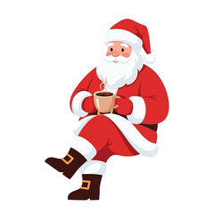 Santa Claus sitting and relaxing, holding a steaming mug of hot chocolate or coffee.