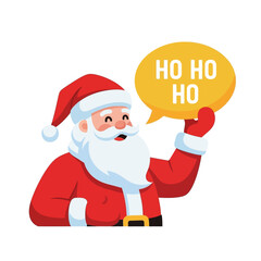 A cheerful cartoon Santa Claus with a white beard and red suit, holding a speech bubble saying 'HO HO HO'.
