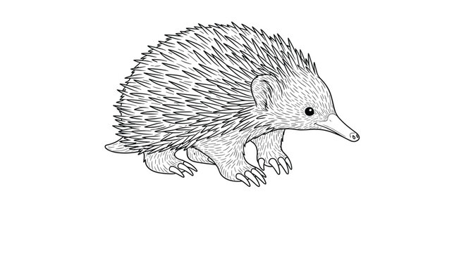 A detailed black and white hand-drawn sketch of an Australian echidna, also known as a spiny anteater, in a realistic vintage style.