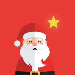 A flat design illustration of Santa Claus smiling with a yellow star icon on a red background, representing Christmas and holiday spirit.