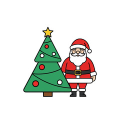 A cartoon illustration of Santa Claus standing next to a decorated Christmas tree with ornaments and a star.